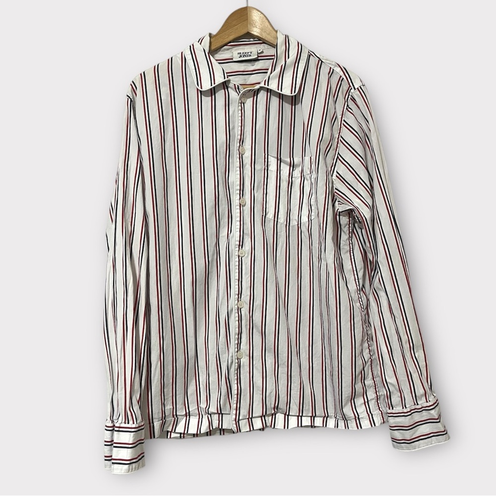 Sleepy Jones Dual Stripe Henry Button Down Striped Blue + Red Pajama Shirt